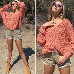 POL‎ Poppy Chenille Oversized Coral Chunky Knit V Neck Sweater size L